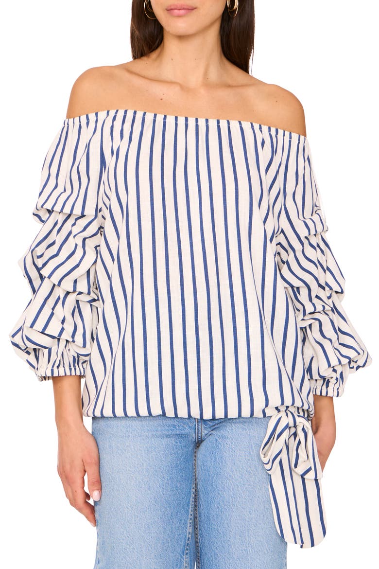 Stripe Off the Shoulder Linen Blend Bubble Sleeve Top, Main, color, DENIM NAVY