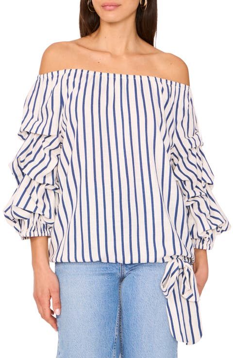 Stripe Off the Shoulder Linen Blend Bubble Sleeve Top