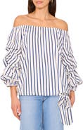 Vince Camuto Stripe Off the Shoulder Linen Blend Bubble Sleeve Top
