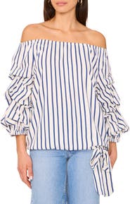 Vince Camuto Stripe Off the Shoulder Linen Blend Bubble Sleeve Top