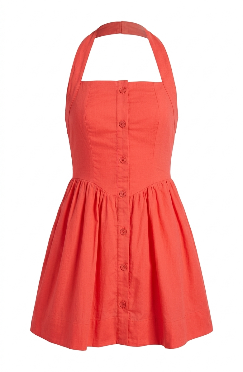 Modenaire Halter Mini Dress with Button Front and Flared Skirt, Alternate, color, Coral Red