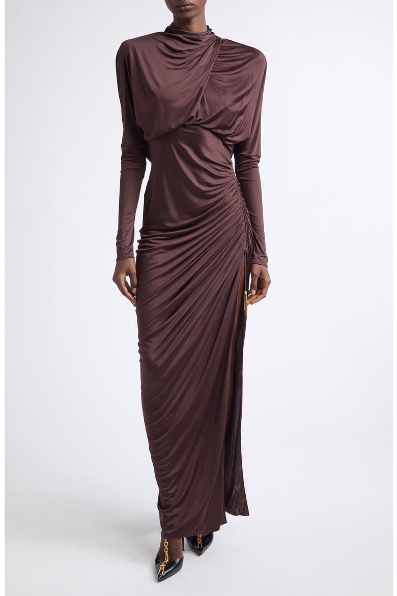 Open Back Ruched Viscose Jersey Gown, Main, color, A51 BROWN