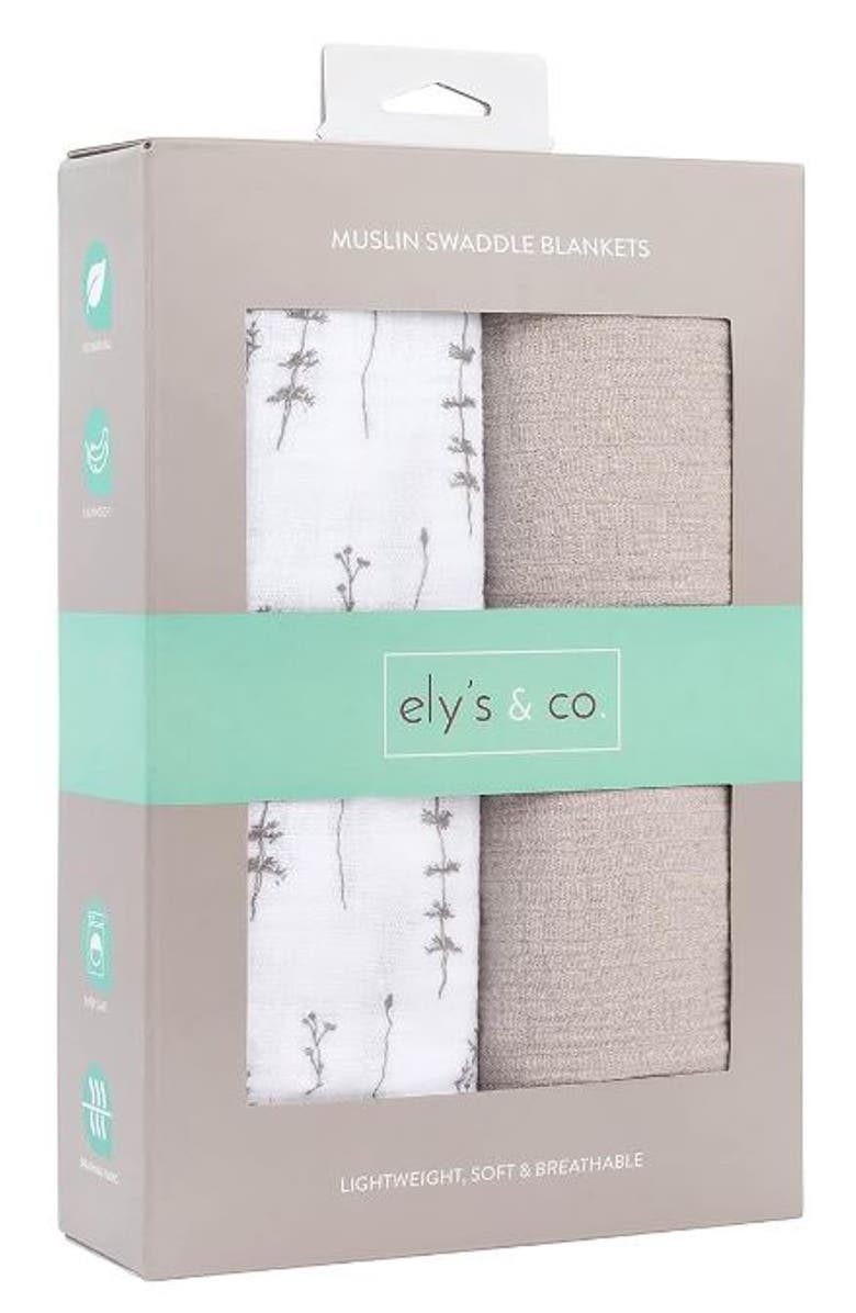 Ely's & Co. Cotton Muslin Swaddle Blanket 2 Pack, Alternate, color, Grey Leaves/ Solid Pebble Grey