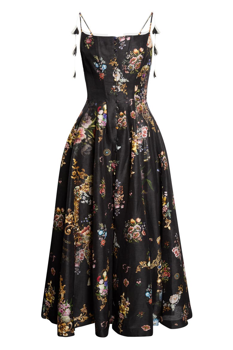 Floral Print Linen & Silk Corset Dress, Alternate, color, NIGHT GARDEN