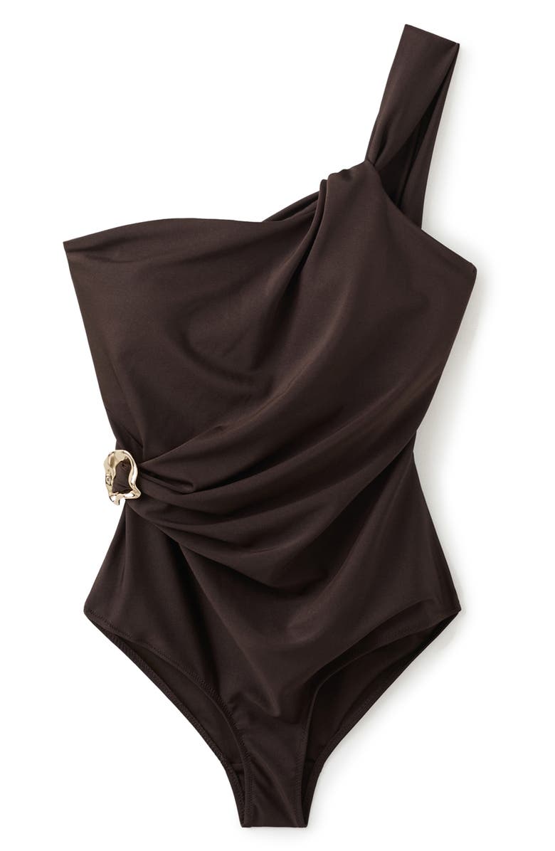 MANGO Metallic O-Ring One-Shoulder One-Piece Swimsuit, Main, color, Brown