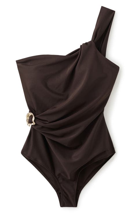 Metallic O-Ring One-Shoulder One-Piece Swimsuit (Regular & Plus)
