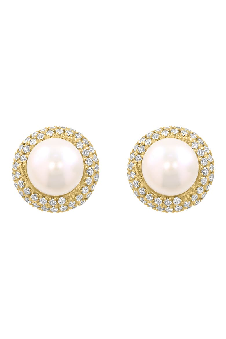 14K Yellow Gold Cultured Freshwater Pearl Diamond Halo Stud Earrings, Main, color, WHITE
