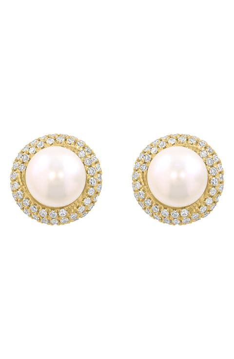 14K Yellow Gold Cultured Freshwater Pearl Diamond Halo Stud Earrings