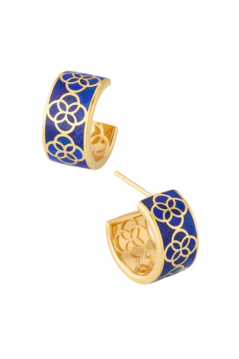 Petal Gemstone With 18K Gold Overlay Sterling Huggie Earring, Main, color, BLUE