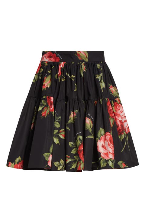 Rose Bouquet Pleated Cotton Poplin A-Line Miniskirt