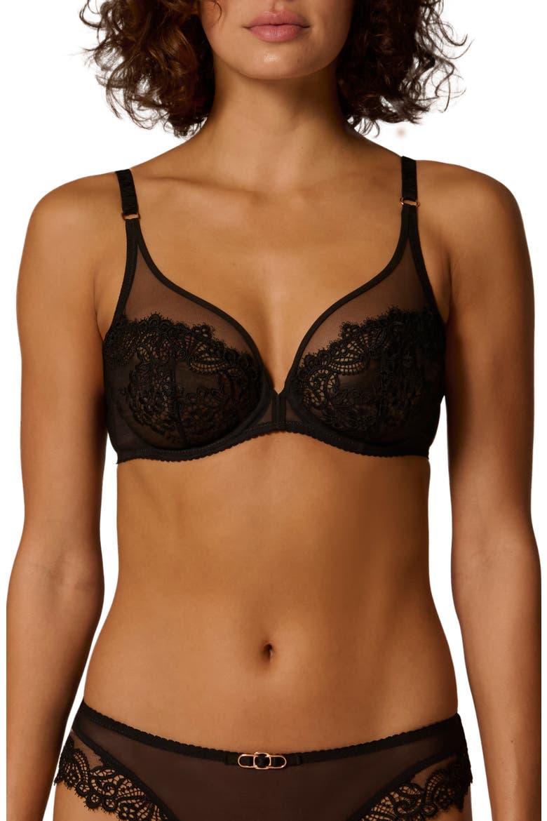 Idole Sheer Underwire Plunge Bra, Main, color, BLACK
