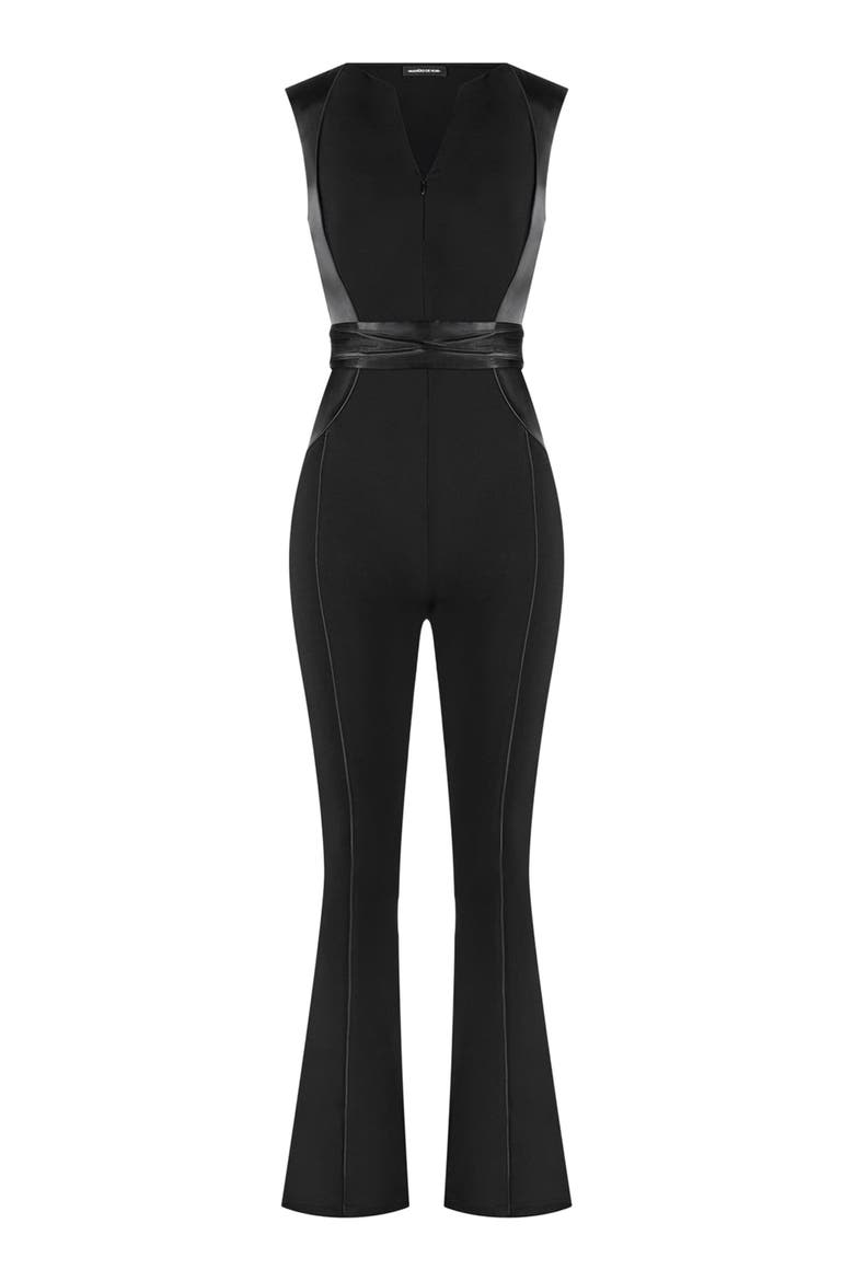 Satin Contour Flared Jumpsuit, Alternate, color, Black
