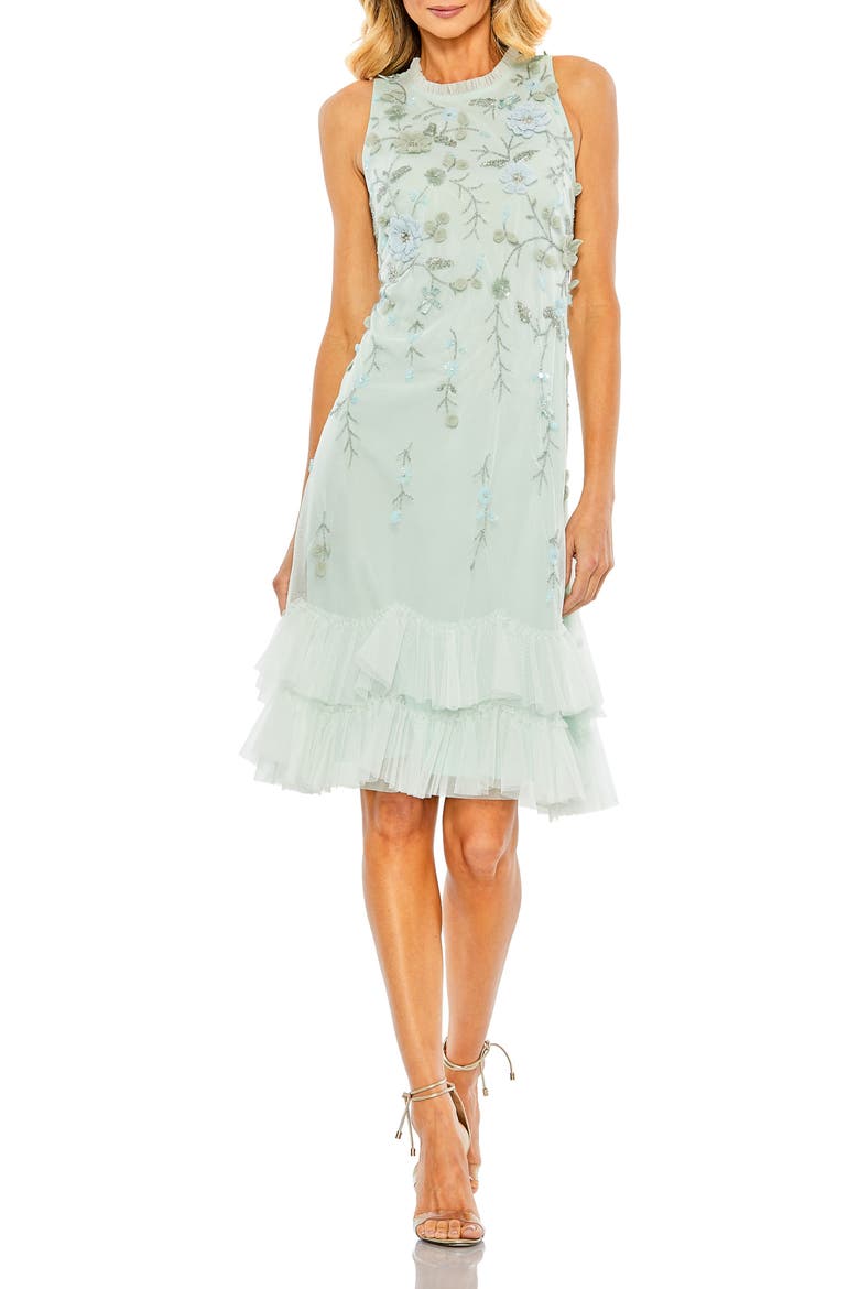 Embellished Ruffle Tiered High Neck Floral Dress, Main, color, Seafoam