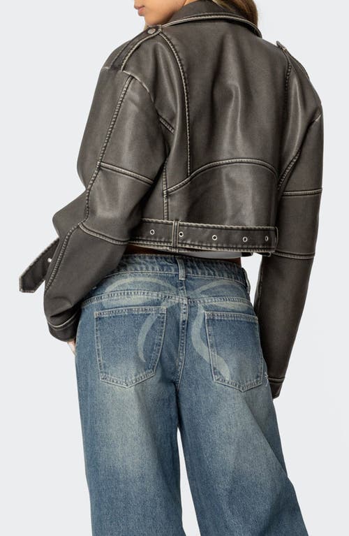 Edikted Washed Faux Leather Moto Jacket In Gray-washed
