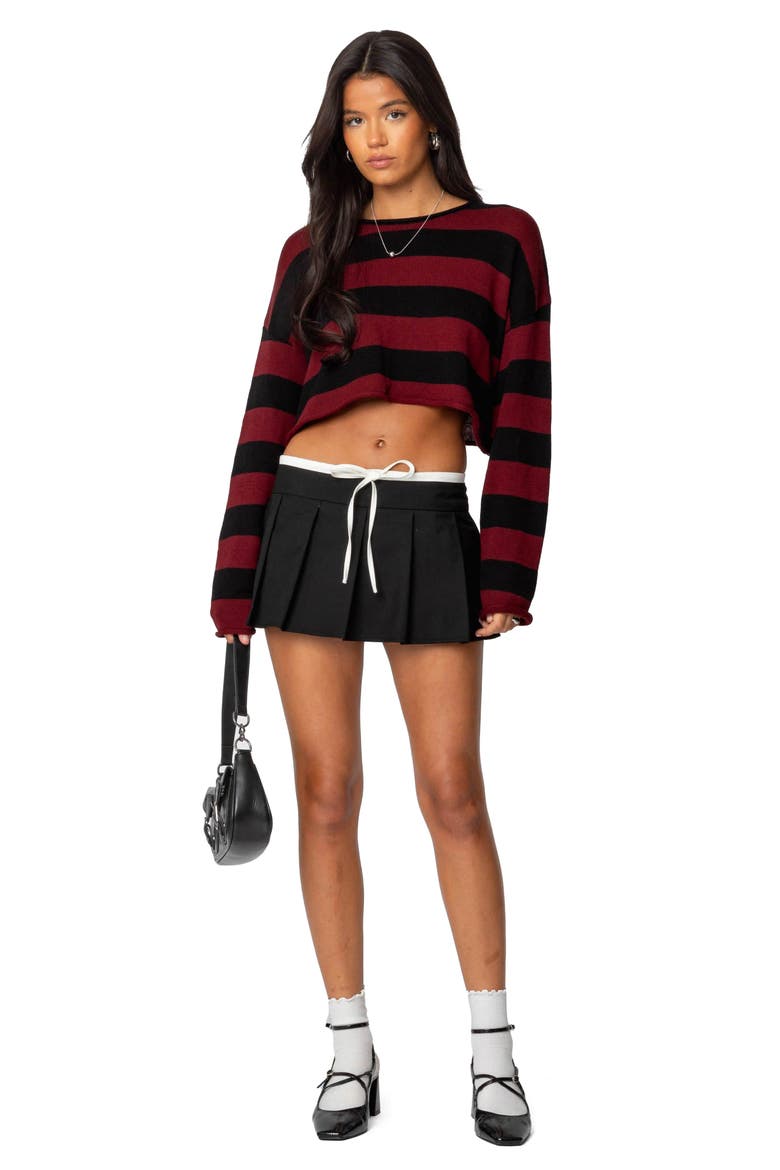 Contrast Drawstring Pleated Miniskirt, Alternate, color, BLACK-AND-WHITE