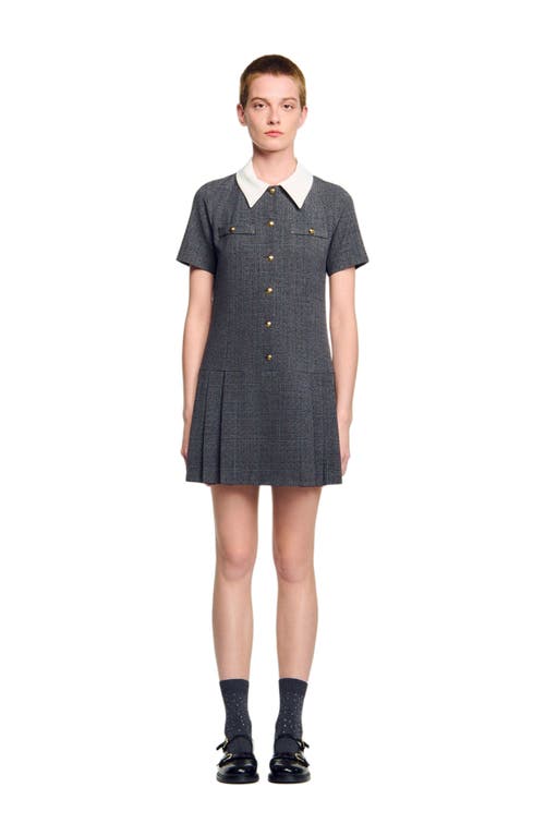 Sandro Short Pleated Dress With Rhinestones In Gray