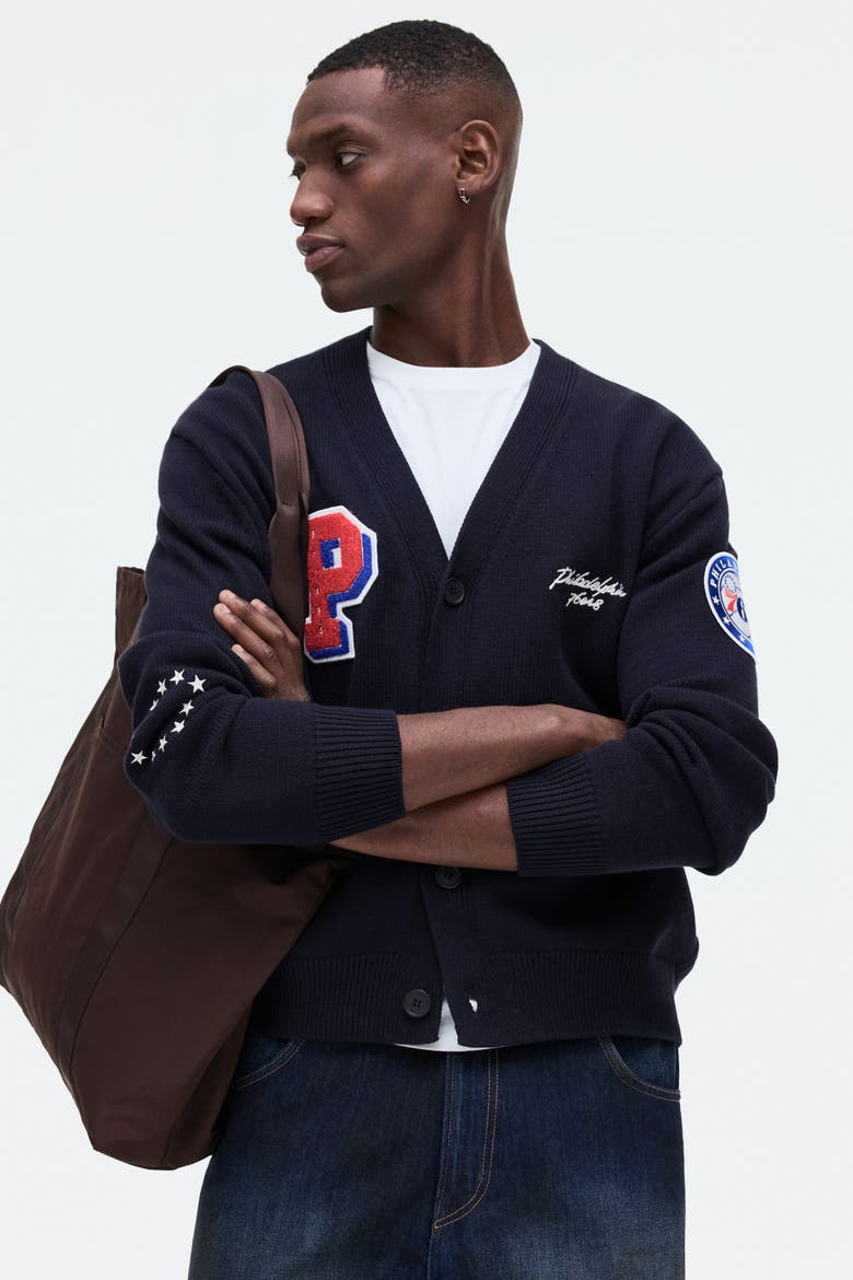 Regular Fit Embroidered-motif Cardigan, Alternate, color, Navy blue/NBA