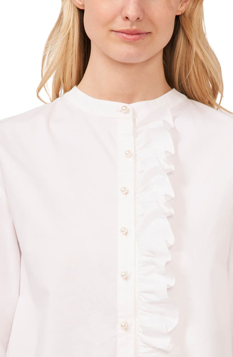 CeCe Imitation Pearl Detail Stretch Cotton Poplin Button-Up Shirt, Alternate, color, Ultra White