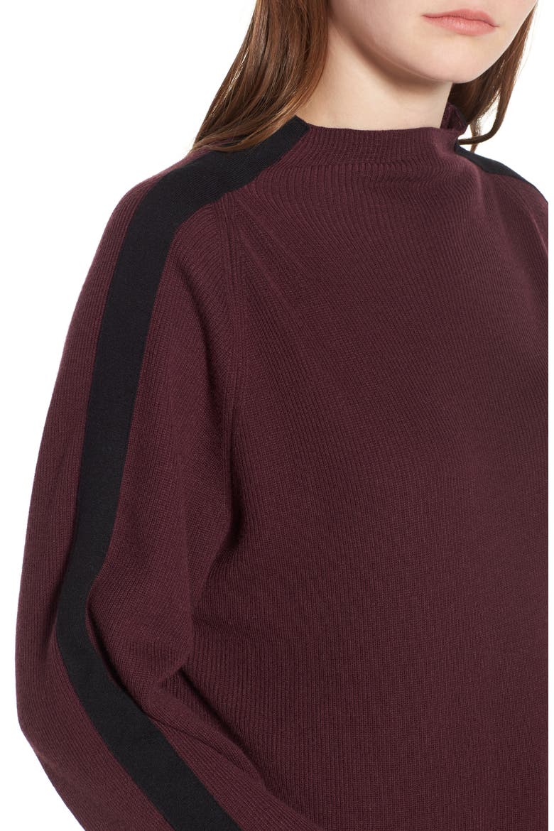 Racer Stripe Funnel Neck Sweater, Alternate, color, BURGUNDY STEM- BLACK
