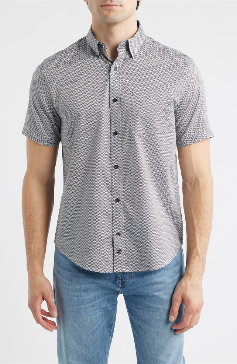 Johnston & Murphy Logan Print Short Sleeve Button-Up Shirt, Main, color, Gray Diamond Grid