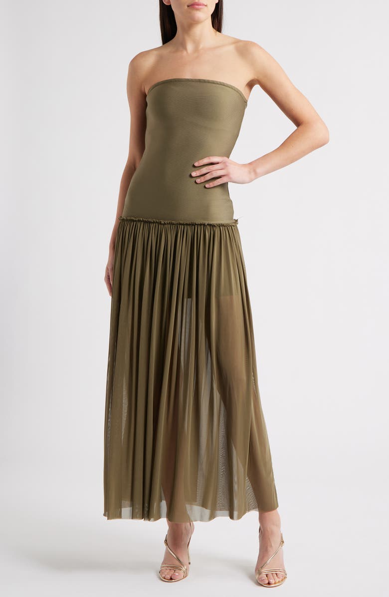 Rare London Strapless Drop Waist Mixed Media Cocktail Dress, Main, color, Olive
