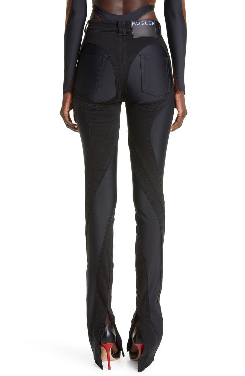 MUGLER Spiral High Waist Denim & Tech Jersey Skinny Jeans, Alternate, color, 