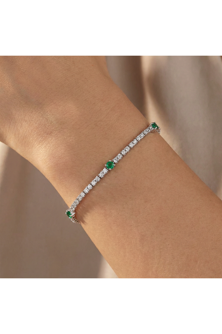 1 1/10 Ct Diamond & Green Emerald Tennis Bracelet 14k Gold 7" Lab Grown, Alternate, color, 14k White Gold