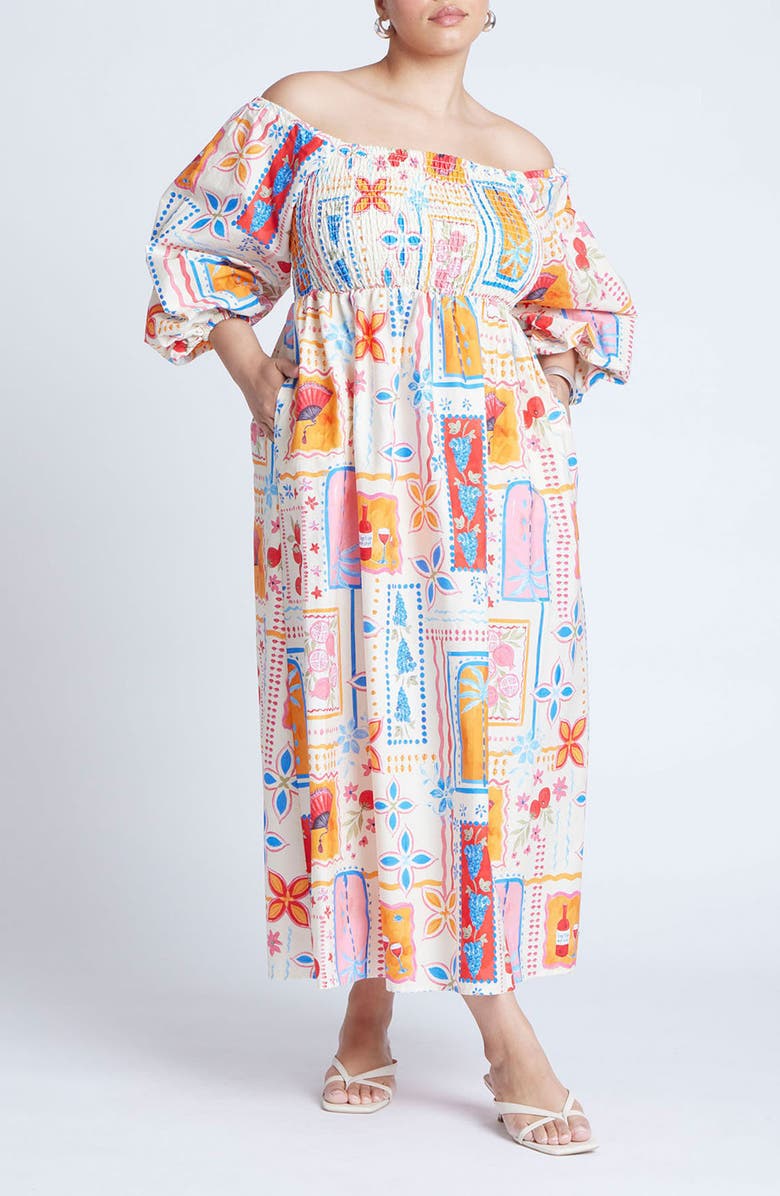 ELOQUII Print Off the Shoulder Maxi Dress, Main, color, 