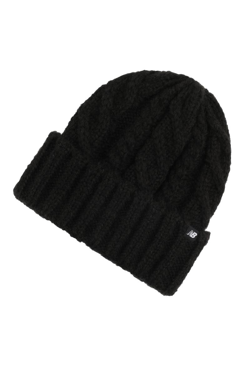 Tag Cable Knit Beanie, Main, color, BLACK