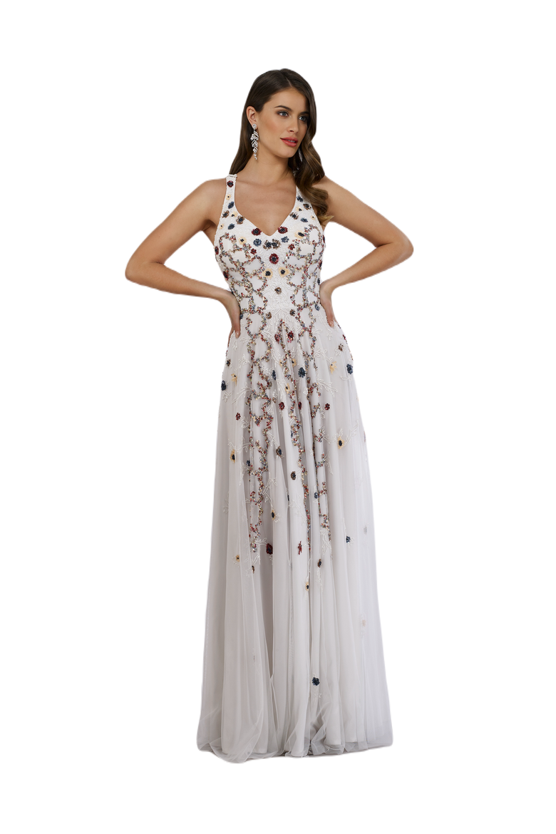 Beaded Dress with Open Cross Back and Flowy Skirt, Main, color, Multi
