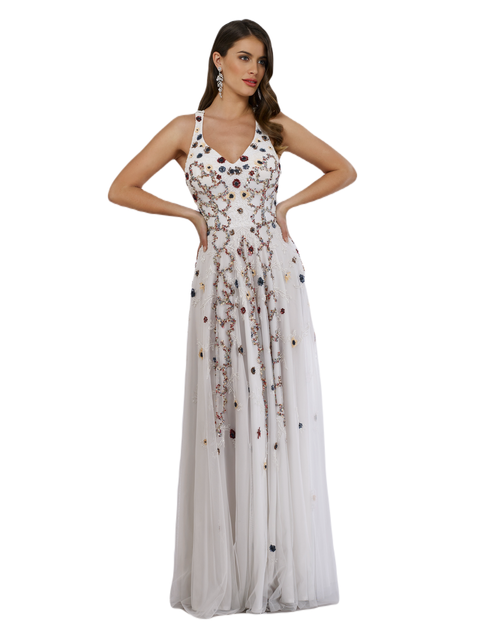 Beaded Dress with Open Cross Back and Flowy Skirt