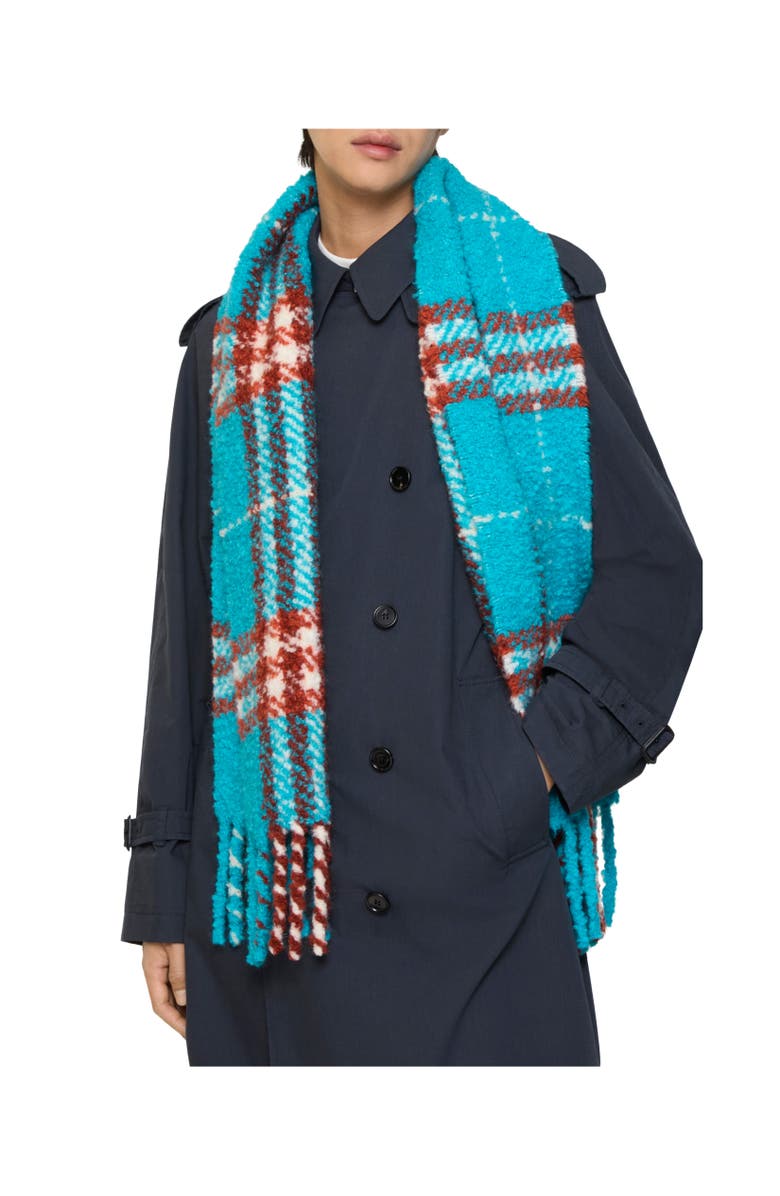 Burberry Check Alpaca Wool Blend Bouclé Scarf, Alternate, color, Atom Blue