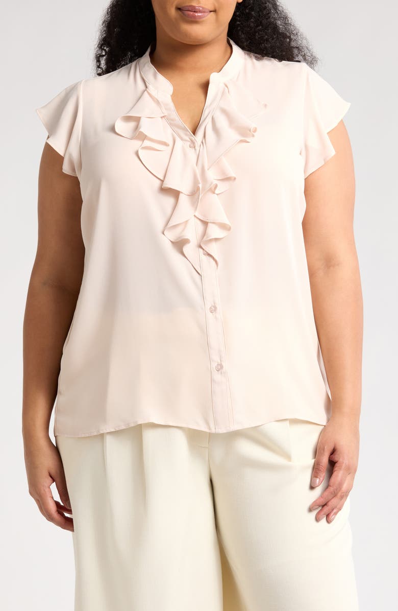 T Tahari Ruffle Cap Sleeve Button-Up Top, Main, color, 