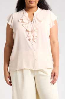 T Tahari Ruffle Cap Sleeve Button-Up Top