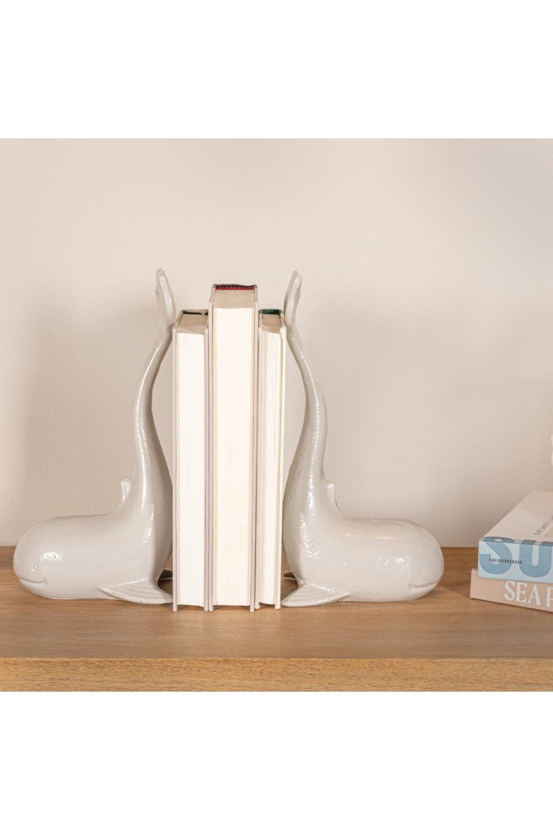 Whale-Shaped Cast Iron Bookends, Grey Finish, Alternate, color, Grey