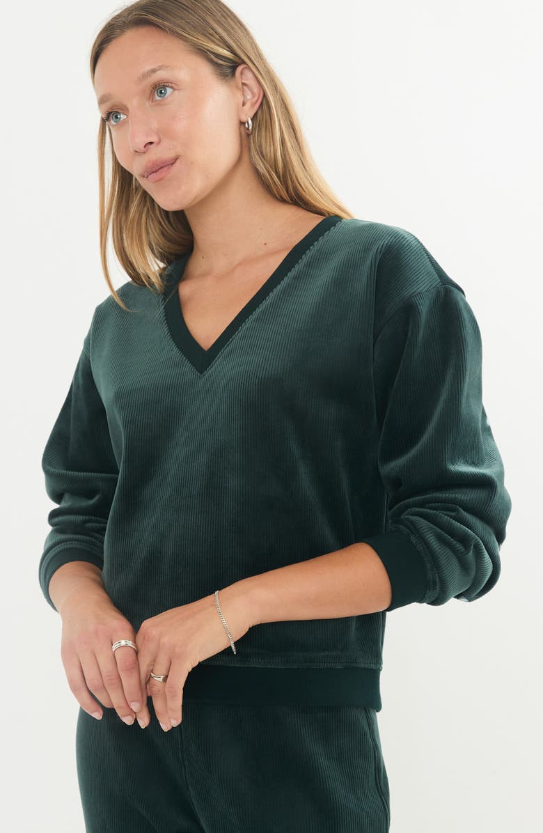 Marine Layer Corded Velour V-Neck Top, Alternate, color, Green Gables