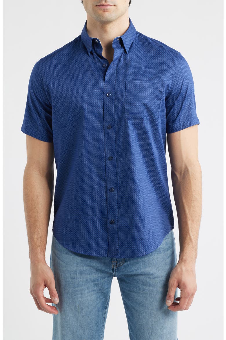 Logan Microprint Short Sleeve Cotton Blend Button-Up Shirt, Main, color, NAVY MINI CIRCLE