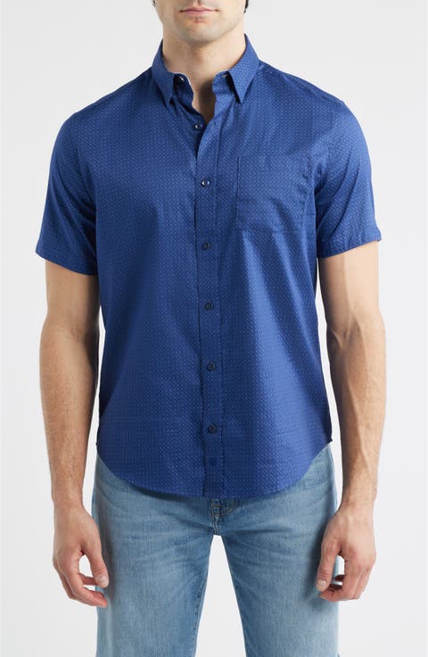 Logan Microprint Short Sleeve Cotton Blend Button-Up Shirt