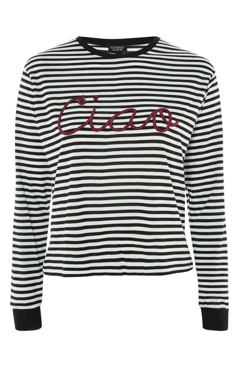 Topshop Embroidered Ciao Stripe Tee, Alternate, color, 