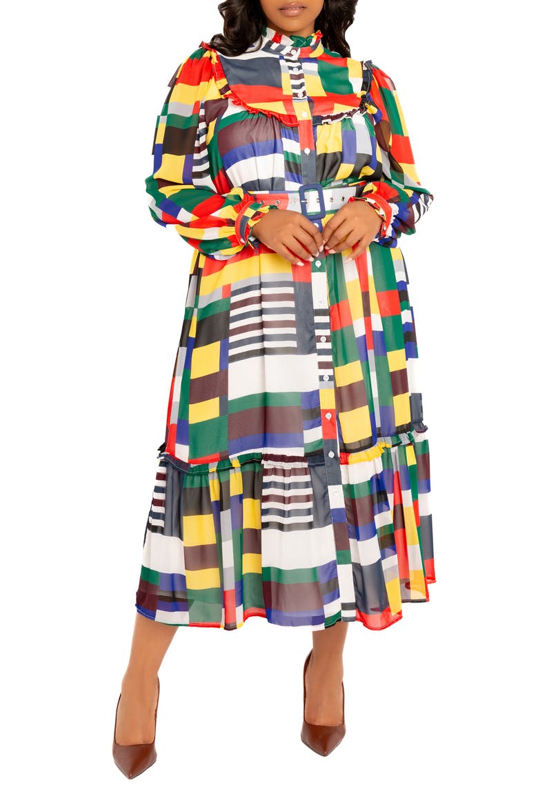 Plaid Ruffle Bib Belted Long Sleeve Maxi Dress, Alternate, color, WHITE/ MULTI-COLOR