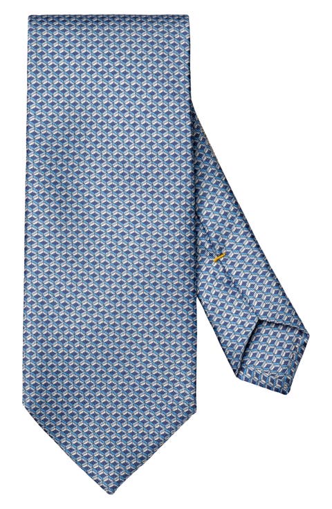 Blue Geometric Print Silk Twill Tie