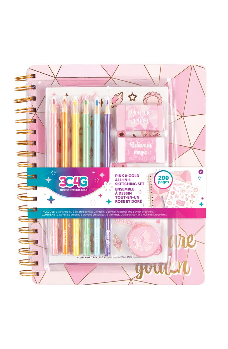 Three Cheers For Girls Pink & Gold All in 1 Sketching Set Journal & Art 200 Page Book, Main, color, Multicolored