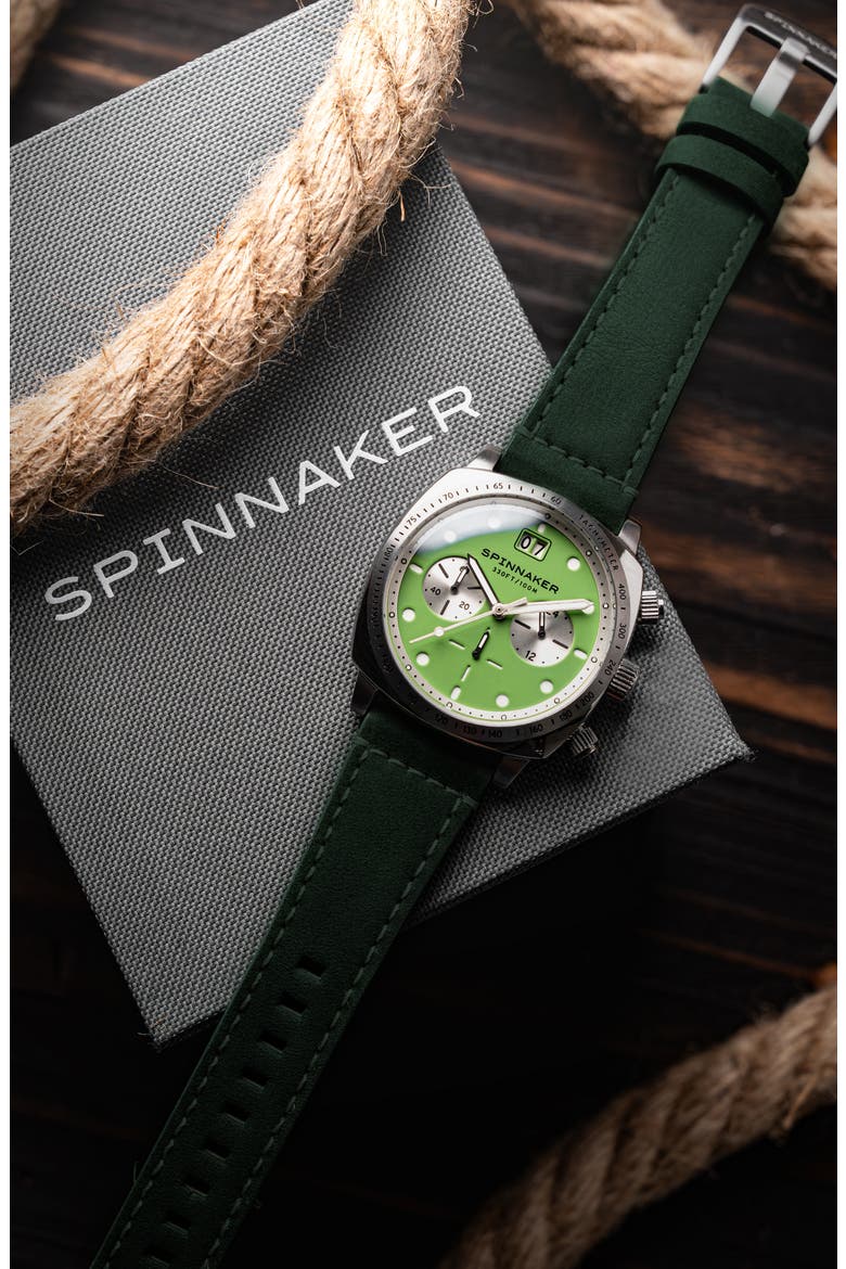 Hull Chronograph Leather Strap Watch, 42mm, Alternate, color, GREEN
