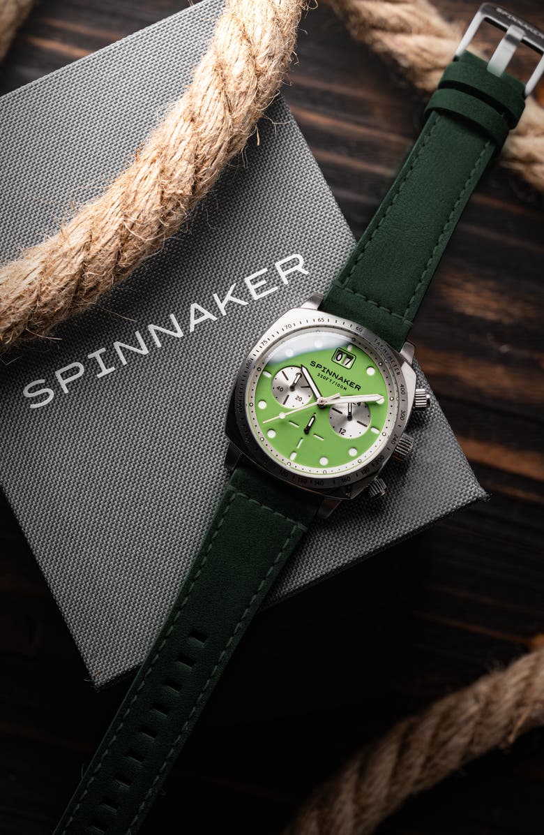 SPINNAKER Hull Chronograph Leather Strap Watch, 42mm, Alternate, color, Green