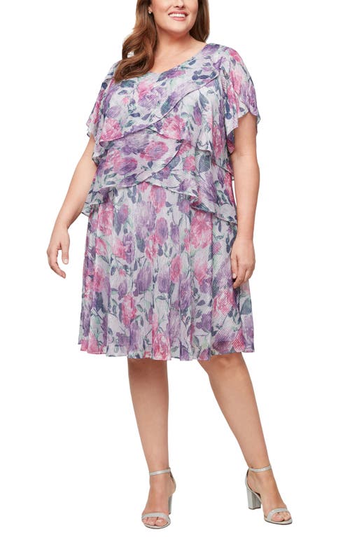 Sl Fashions Plus Size Floral Metallic Tiered Dress In Pink Multi