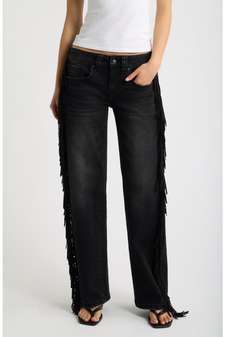 Fringe Low Rise Relaxed Straight Leg Jeans, Main, color, BLACK WASH