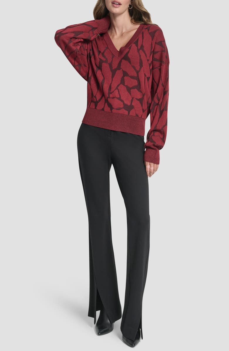 DKNY Jacquard V-Neck Sweater, Alternate, color, Merlot