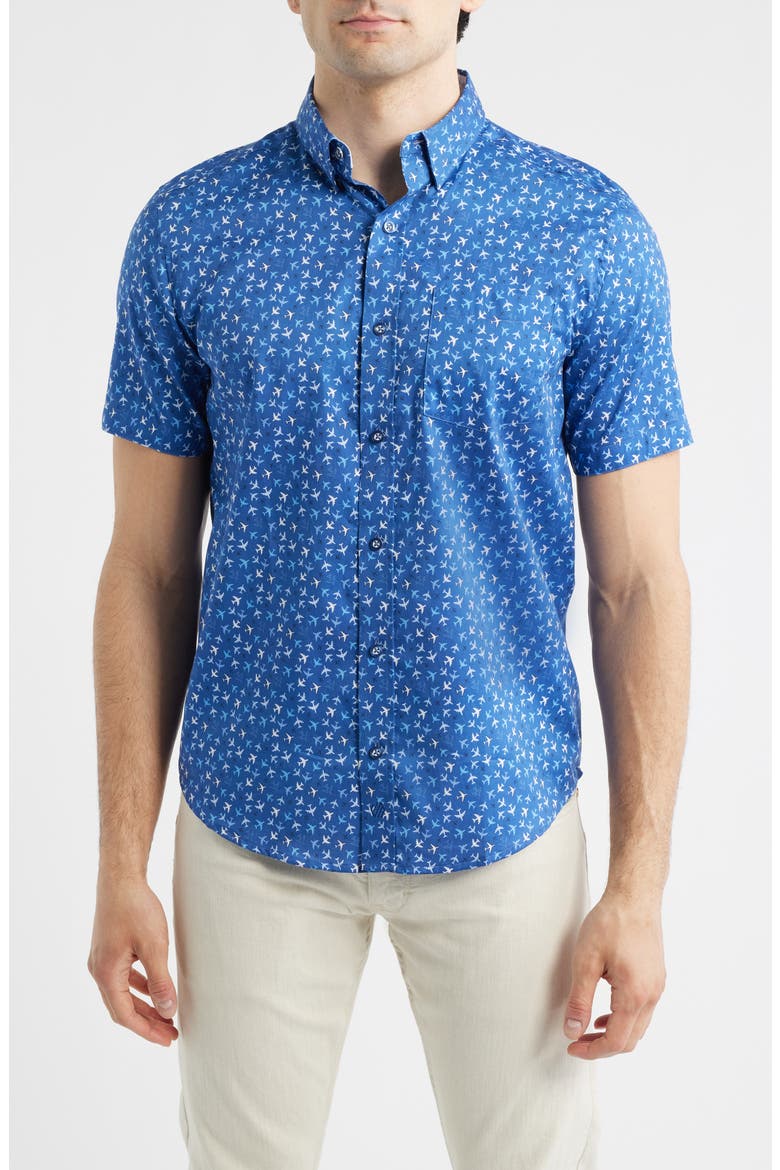 Logan Airplane Print Short Sleeve Cotton Blend Button-Up Shirt, Main, color, NAVY FLIGHT PATHS