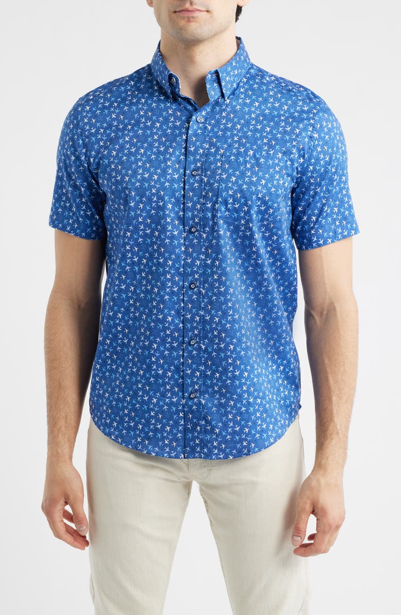 Johnston & Murphy Logan Airplane Print Short Sleeve Cotton Blend Button-Up Shirt, Main, color, Navy Flight Paths
