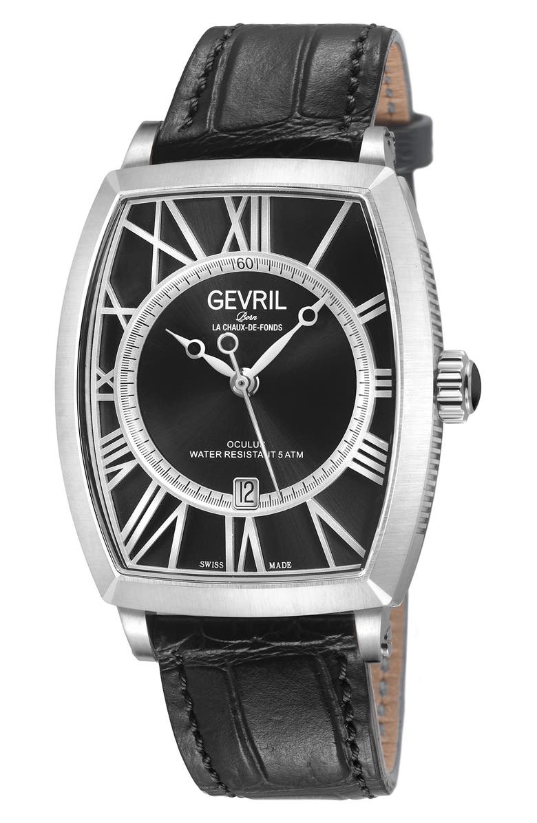 GEVRIL Oculus Automatic Leather Strap Watch, 36mm x 43mm, Main, color, Black
